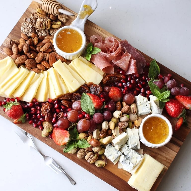 Vibrant Pomegranate Jewel Cascade grazing board, featuring artful cheese and charcuterie arrangement with fresh garnishes.
