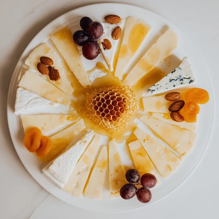 Enjoy a stunning view of The Gilded Hive appetizer, a sophisticated cheese and cracker arrangement.