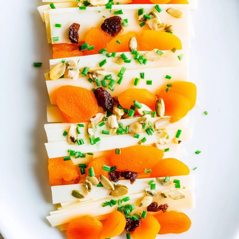Enjoy a visually appealing Serengeti Sunset appetizer with perfectly arranged apricot and Gouda tasting layers.