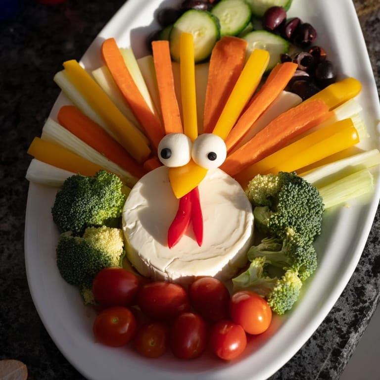 This delightful Turkey Shaped Appetizer Tray boasts a creamy cheese body and vibrant vegetable "feathers" ready to wow guests.