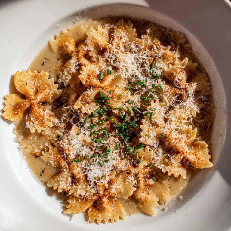 Savory pasta chip cereal: close-up captures crunchy pasta pieces floating in rich, flavorful Parmesan "milk."
