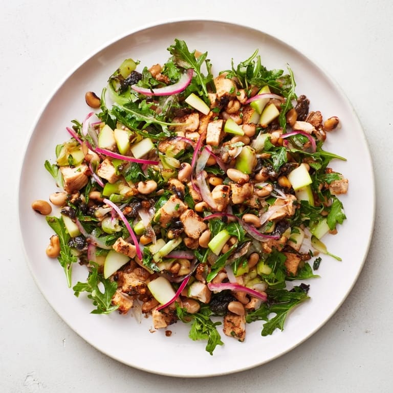 This Chicken and Apple New Years Luck Salad shows off diced chicken and crisp apples with honey-mustard dressing, ready to eat.