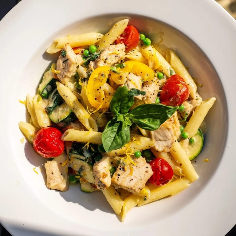 A close-up view of the Last Bite Chicken Pasta highlights cheesy, comforting textures with flavorful ingredients.