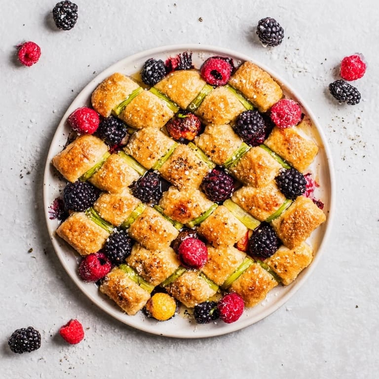 Close-up of the elegant Botanical Lattice, a woven asparagus appetizer bursting with colorful, fresh fruit.