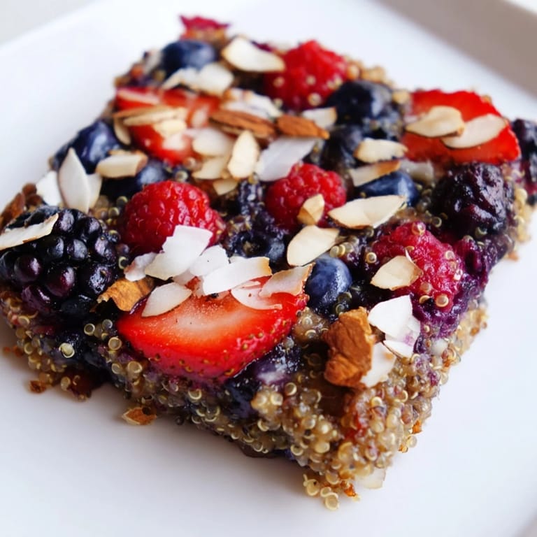 Warm, comforting Berry Quinoa Breakfast Bake, bursting with fresh berries ready to be scooped and enjoyed.