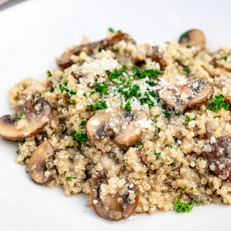 A comforting serving of vibrant Mushroom Quinoa Risotto, ready to be enjoyed as a hearty vegetarian meal.