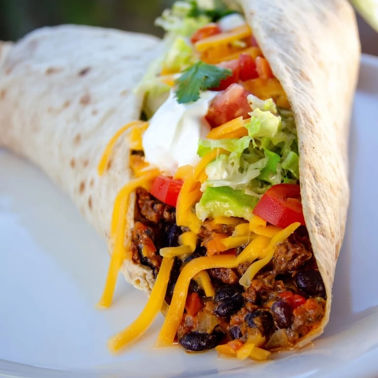 This appealing photo shows a flavorful Smoky Black Bean Burrito filled with colorful veggies, ready to enjoy.