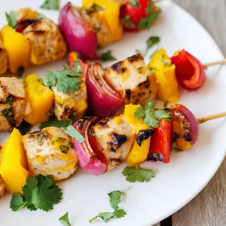 Vibrant Mango Lime Chicken Skewers, charred from the grill, bursting with fresh, tropical flavors and juicy chicken.