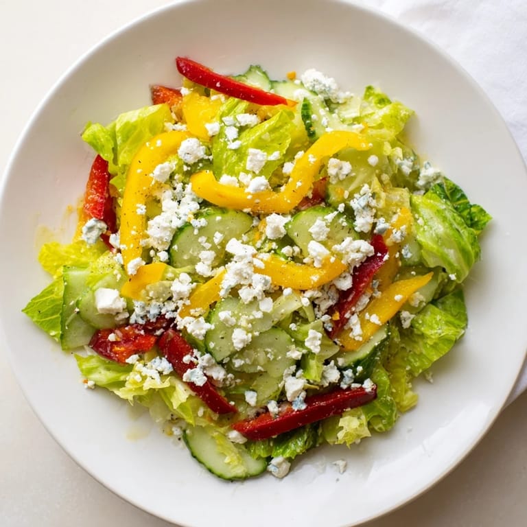 Freshly tossed Bella Hadid Salad highlighting the zesty lemon dressing, full of refreshing Mediterranean flavors.