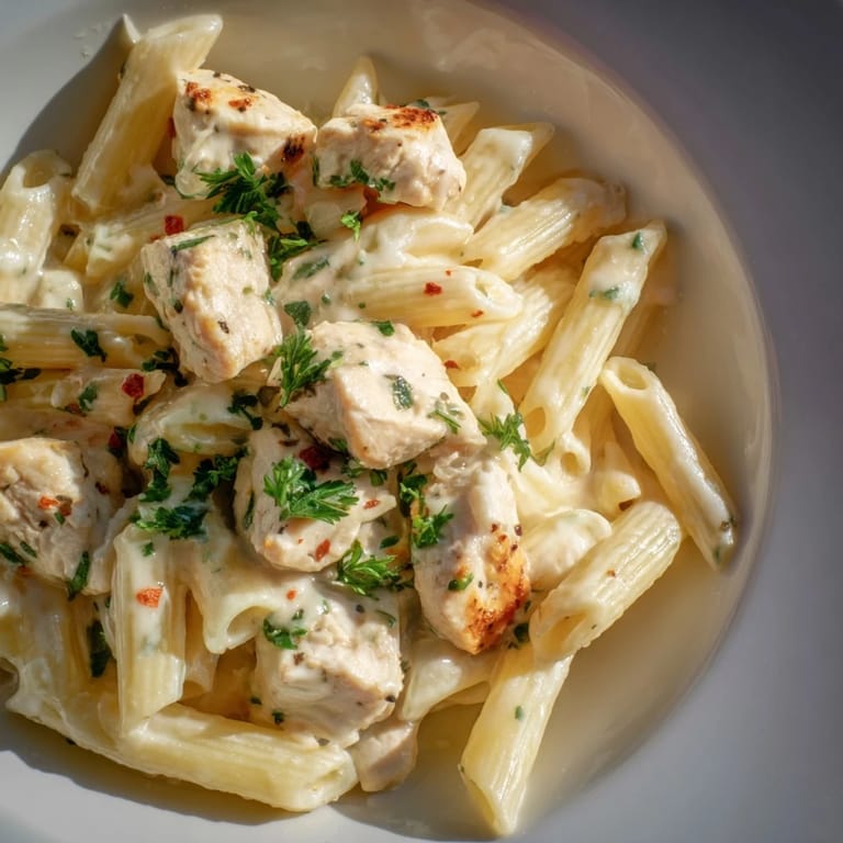 Tender pasta and chicken bathed in a rich sauce, a delicious Quick Garlic Parmesan Chicken Pasta dinner.