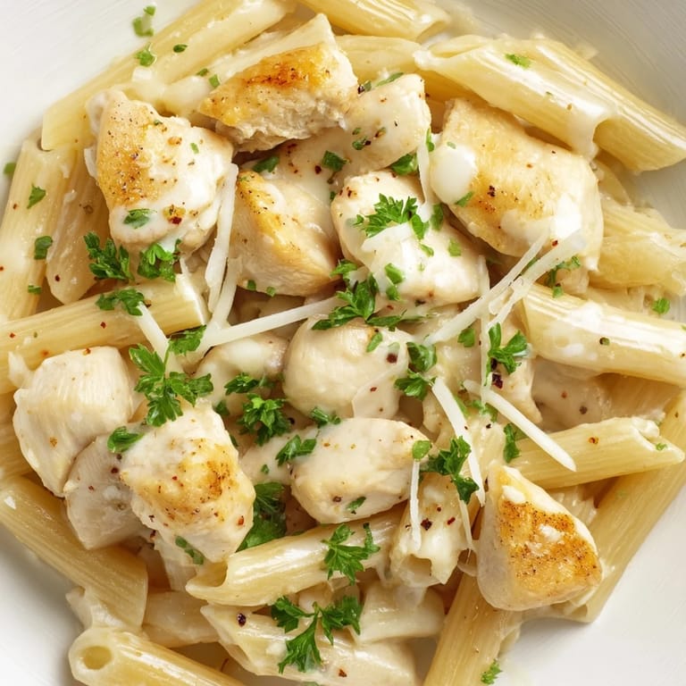 A close-up of steaming Quick Garlic Parmesan Chicken Pasta, ready to serve with Parmesan cheese sprinkled on top.