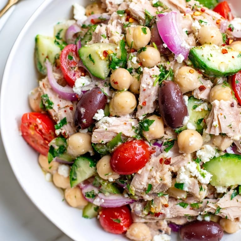 Chunky tuna chickpea salad, with juicy tomatoes and olives, ready for a satisfying lunch or dinner.