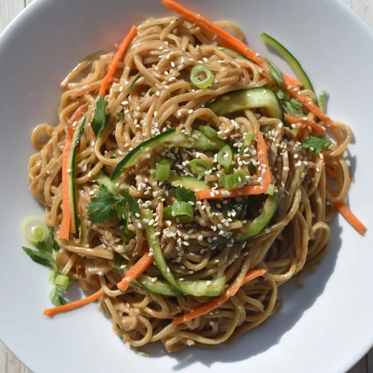 Slurpy cold sesame noodles, a delicious vegetarian meal, generously garnished with fresh herbs and peanuts.