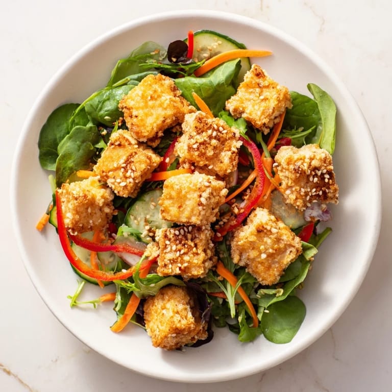 Fresh, vibrant crispy tofu salad, ready to enjoy—a perfect vegetarian meal, full of flavor.