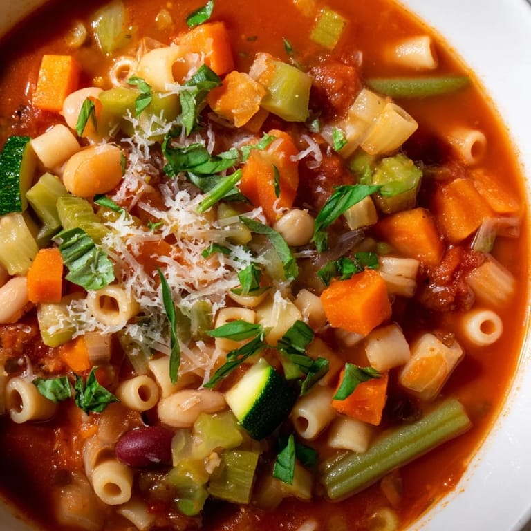 Warm, vibrant, close-up of tomato basil minestrone, ready to be enjoyed with crusty bread.