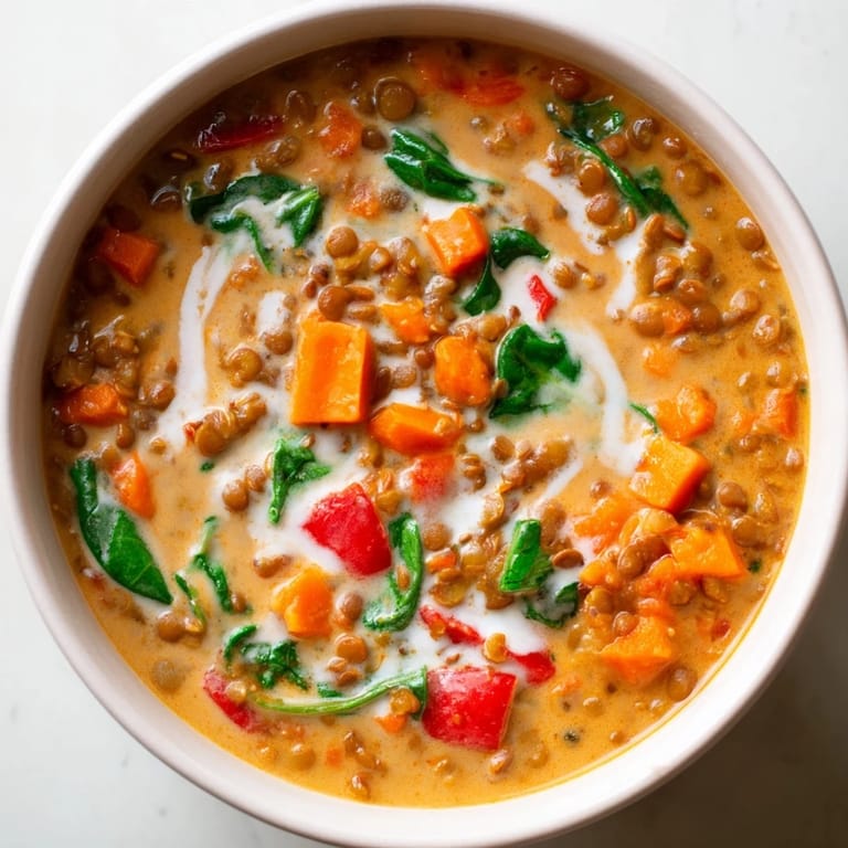 Enjoy the fragrant aroma of this delicious vegan Lentil Red Curry Soup, perfect for a cozy dinner.