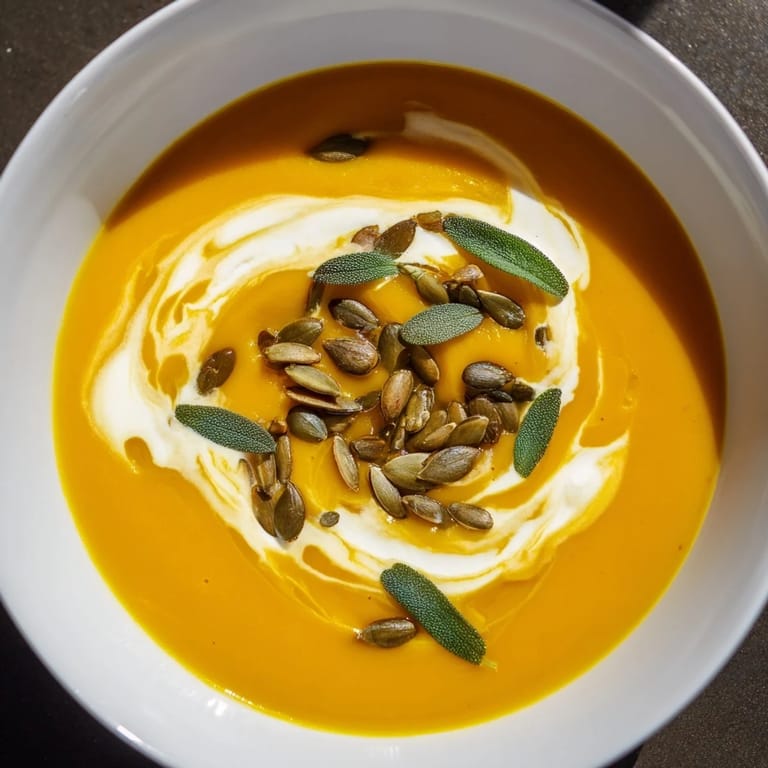 This homemade butternut squash soup showcases roasted squash and aromatic spices, beautifully presented.