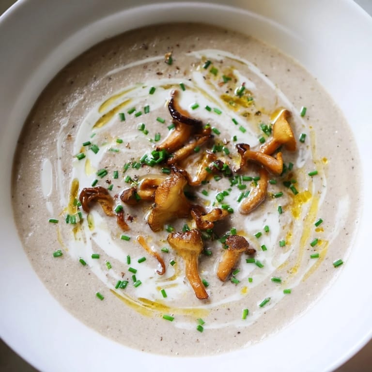 Thick and rich creamy mushroom bisque, served in a white bowl with a swirl of cream.