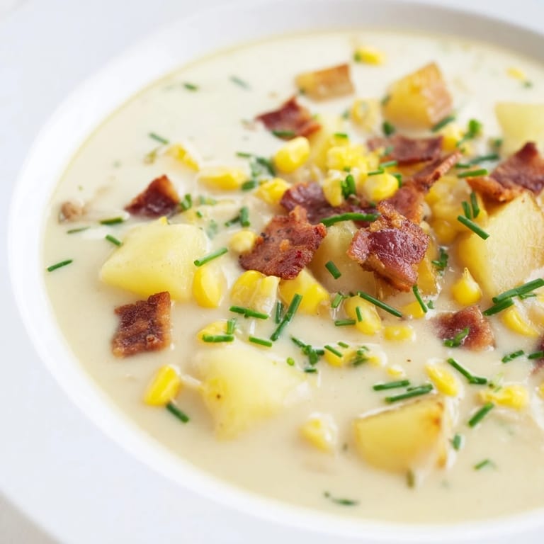 A vibrant spoonful of corn chowder soup showcasing sweet corn kernels and a rich, velvety texture.