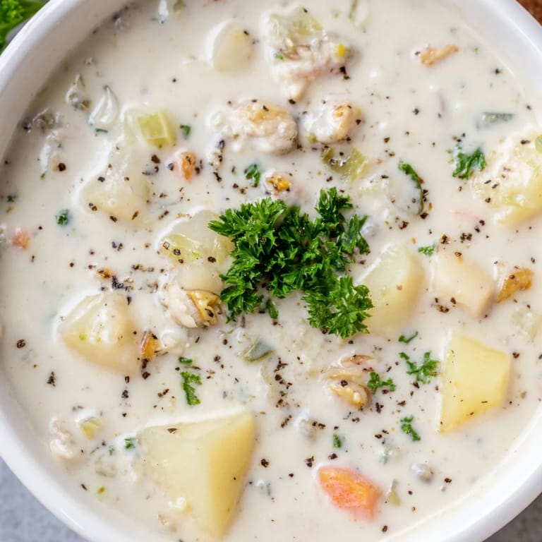A steaming bowl of New England Clam Chowder, filled with potatoes, clams, and bacon, looks delicious.