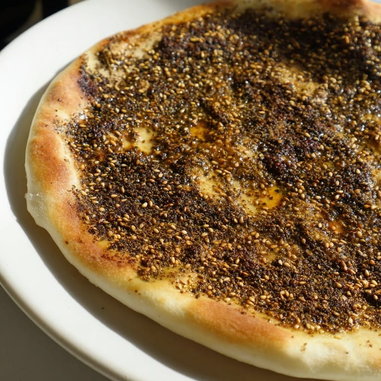 Enjoy the crispy, herb-studded surface of this freshly baked Levantine zaatar bread, ready to eat.