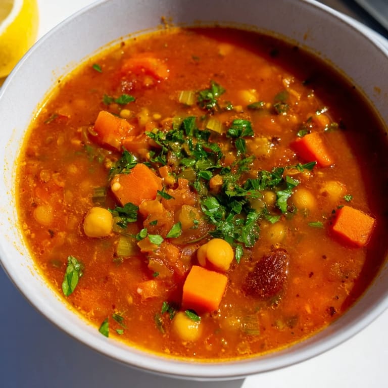 Rich, tomato-based North African harira soup, perfect for a cozy, flavorful vegetarian meal.