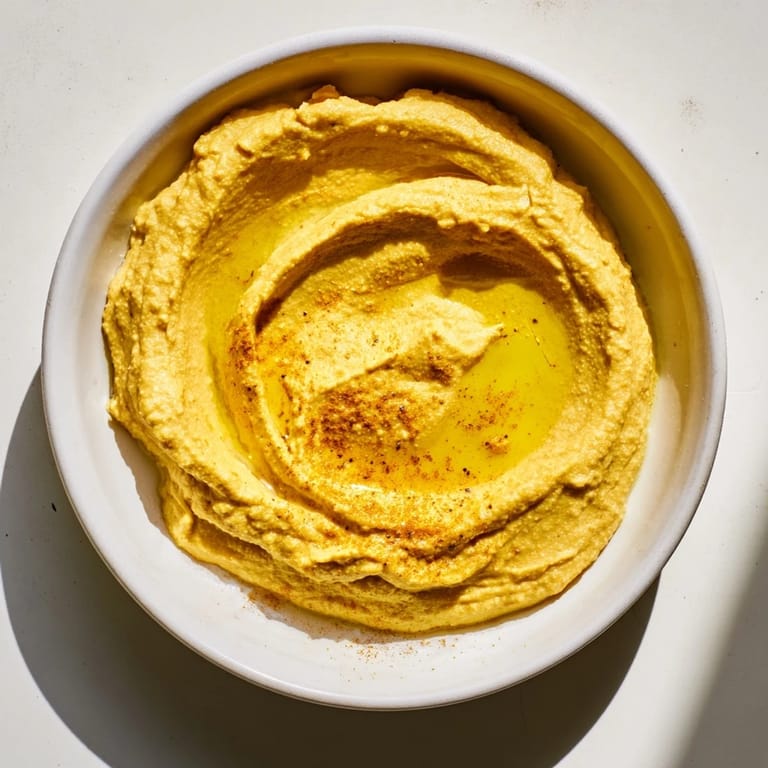 Close-up of smooth, flavorful chickpea curry paste, a versatile vegan dip with olive oil drizzle.