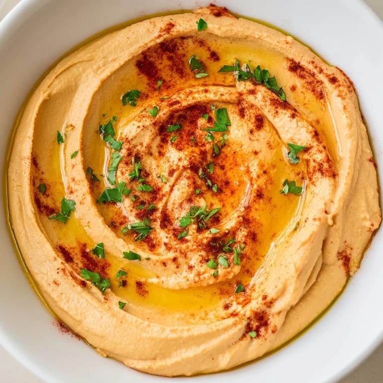 Homemade Roasted Red Pepper Hummus, a smooth, flavorful dip, garnished with olive oil and paprika sprinkles.