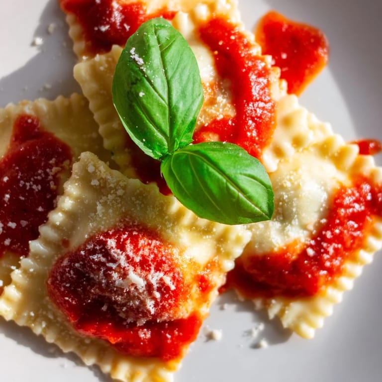 Freshly boiled Spinach Ricotta Ravioli in a bowl of vibrant marinara sauce, ready to be garnished.