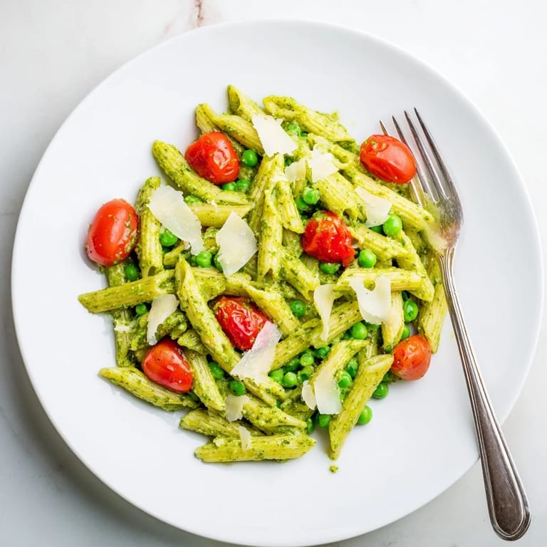 An overhead view of Green Pesto Pasta Salad featuring pasta twists coated in bright basil pesto.