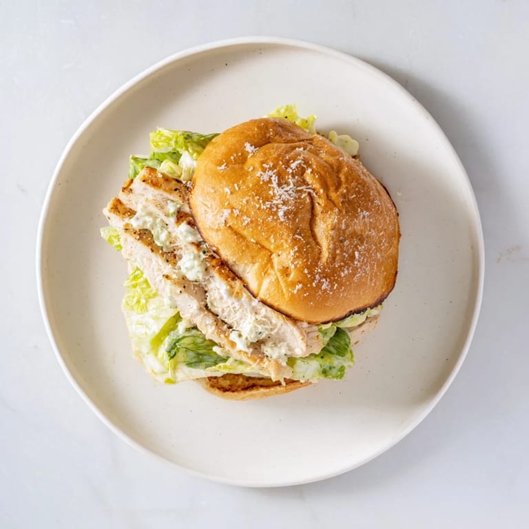 Freshly grilled Caesar Chicken Sandwich ready to serve, featuring melted Parmesan and a drizzle of extra creamy Caesar dressing.  