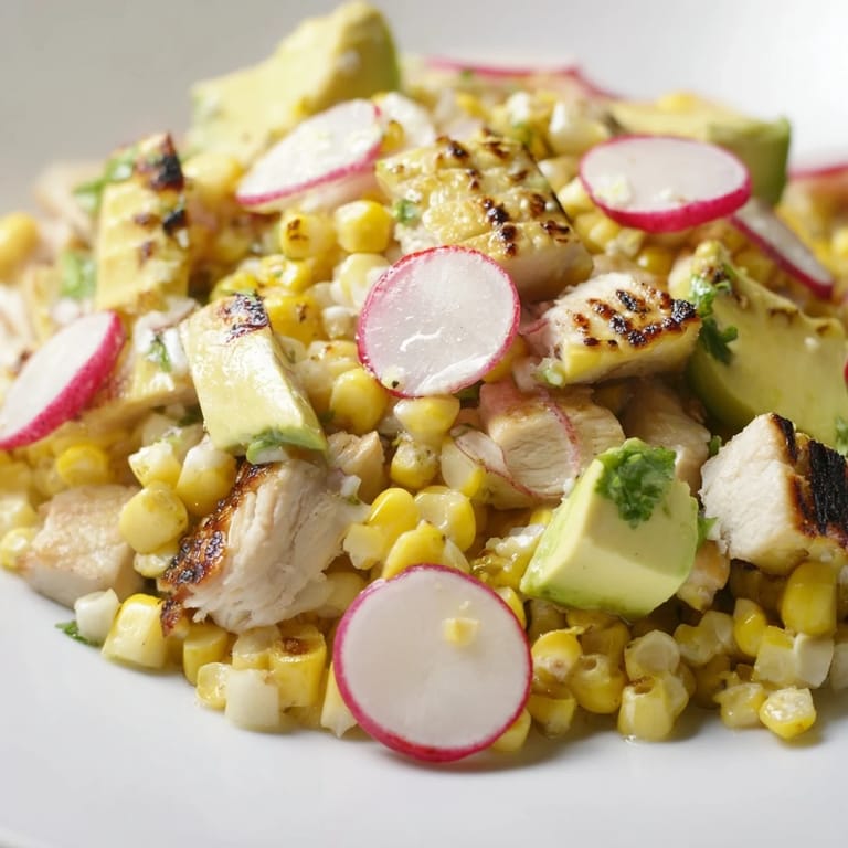 Serving suggestion for Roasted Corn & Chicken Chopped Salad with juicy grilled chicken and smoky roasted corn.