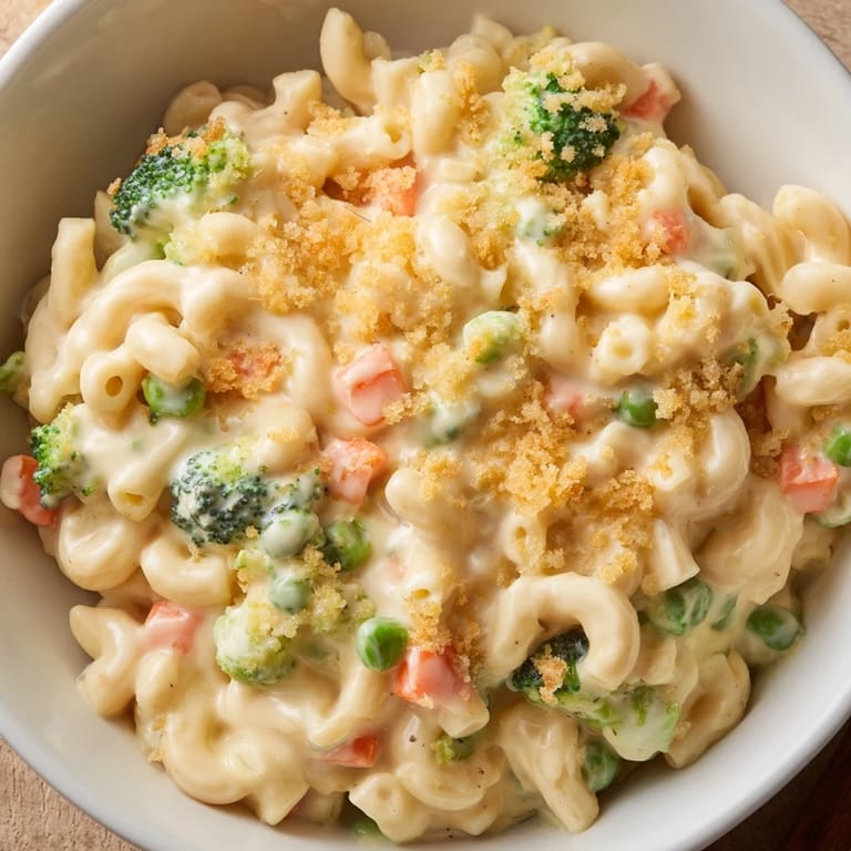 Freshly baked Garden Veg Mac and Cheese, serving four, topped with crispy breadcrumbs and colorful vegetable pieces.