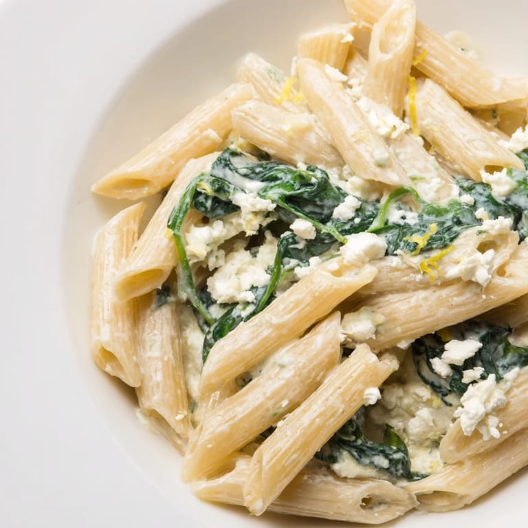Creamy Feta Spinach Pasta served in a skillet with wilted spinach and crumbled feta cheese.
