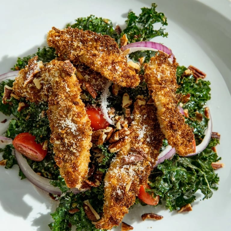 Crispy Chicken Kale Salad is served ready to eat, featuring golden breaded chicken cutlets over vibrant green kale with a tangy maple-Dijon dressing.