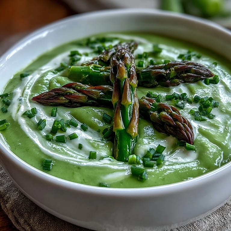 A bright green asparagus soup, elegantly garnished and ready to enjoy.