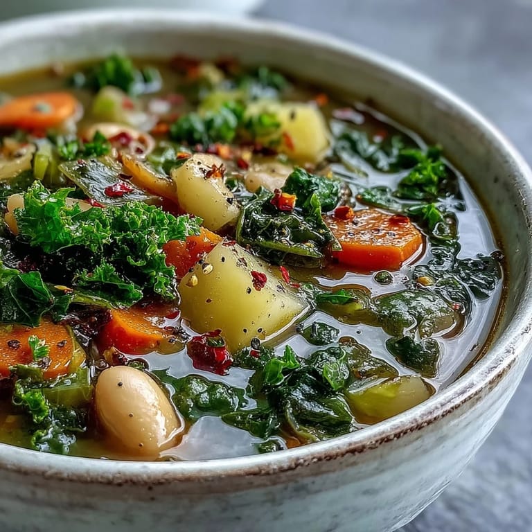 Steaming bowl of healthy kale soup, brimming with tender beans and root vegetables.