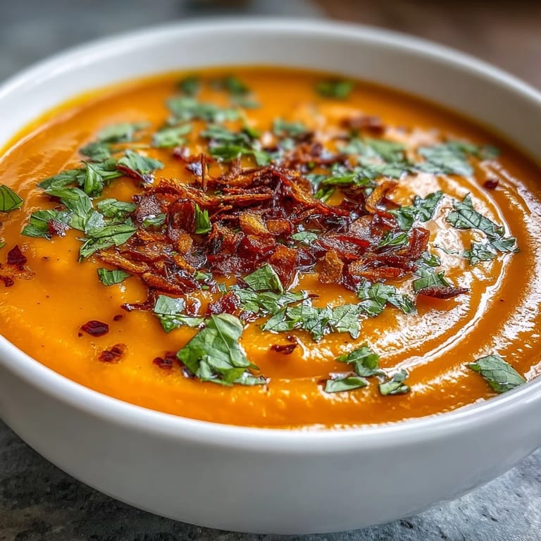 Smooth, velvety Carrot and Coconut Soup, topped with fresh cilantro and toasted flakes.