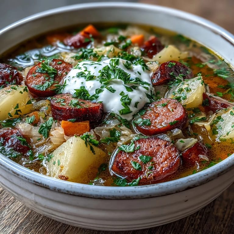 Comforting bowl of my delicious Sauerkraut Soup, perfect with rye bread.
