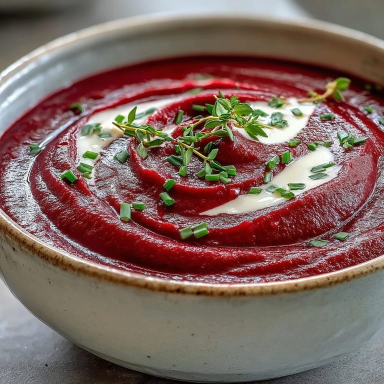 Earthy, velvety roasted beet soup with fresh thyme, a delightful comforting bowl.