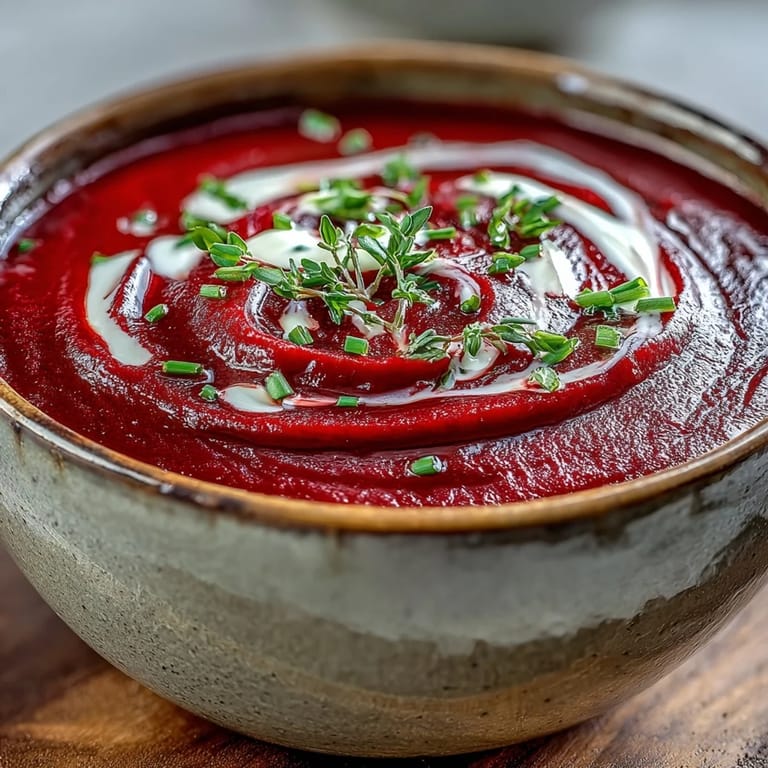 Deep purple roasted beet soup, glistening with cream, an elegant appetizer.