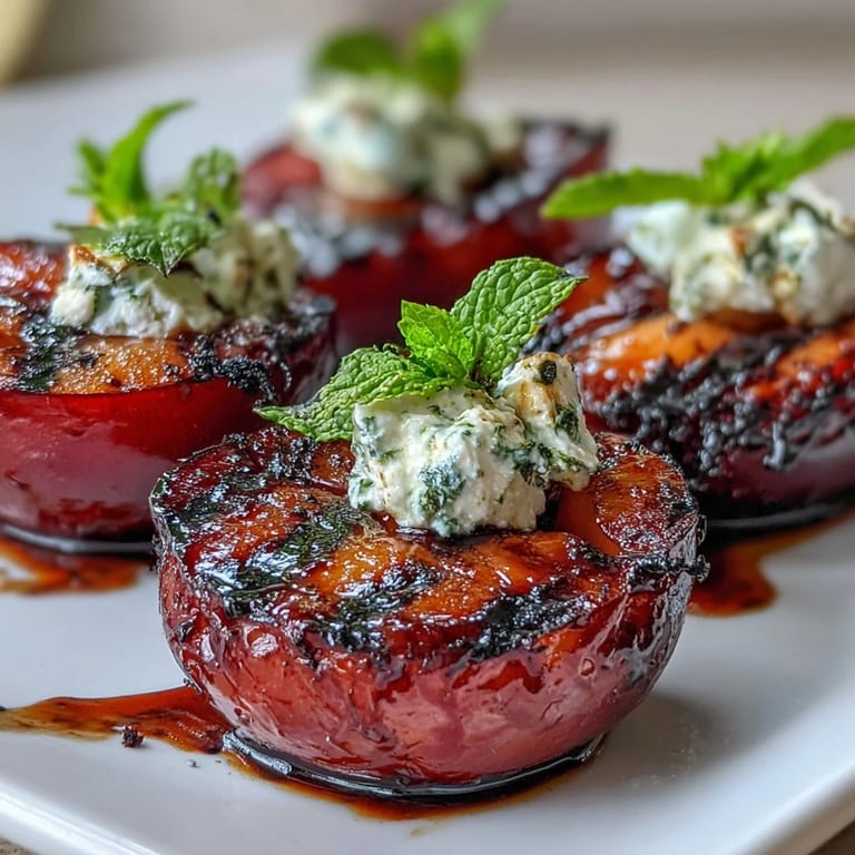 Caramelized grilled plums stuffed with creamy goat cheese and sweet balsamic reduction for a light dessert.