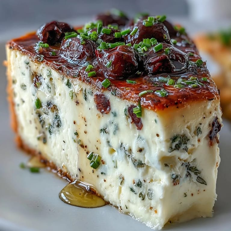 Golden-brown Kalamata Cheesecake Appetizer baked in a springform pan, topped with chopped Kalamata olives and fresh herbs for a delicious Mediterranean flavor.