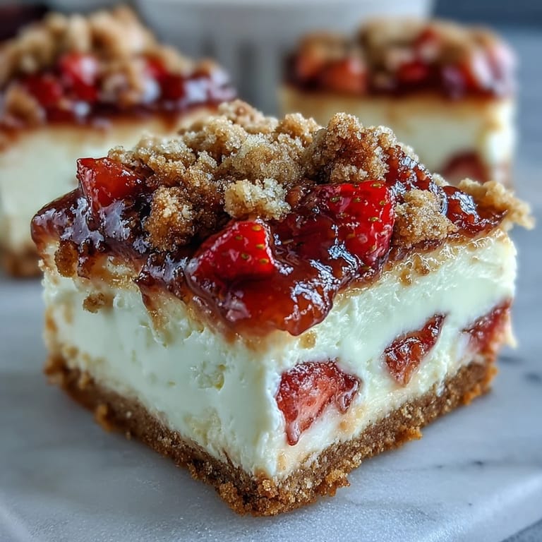 Homemade Strawberry Cheesecake Bars cut into squares, revealing a rich cream cheese layer and juicy fruit topping.