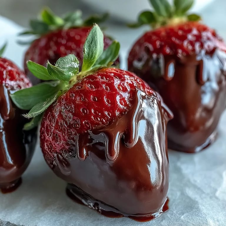 A close-up of juicy Chocolate-Covered Strawberries, showing rich dark chocolate shells and sparkling sugar garnish.