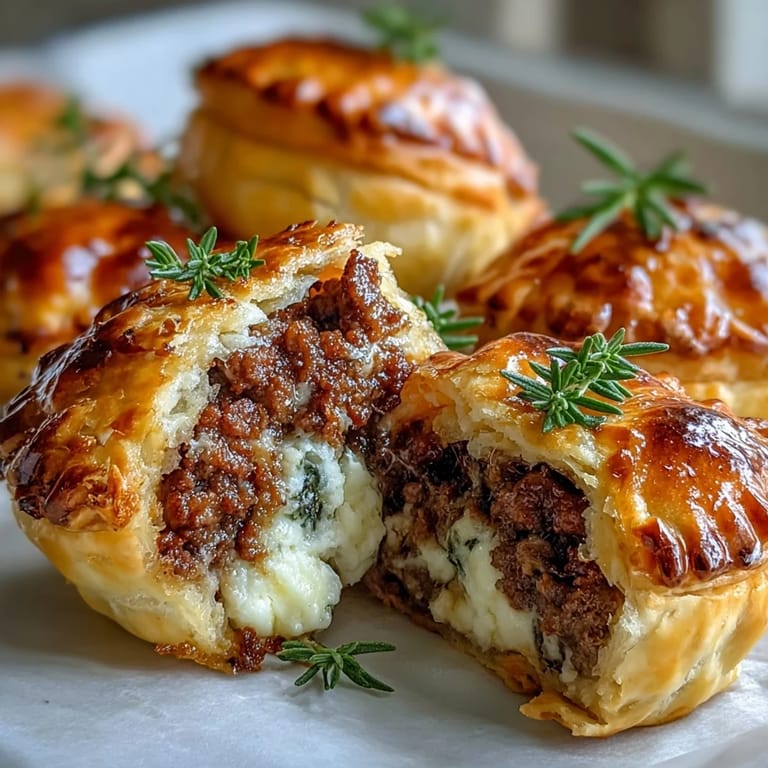 Freshly baked Mini Beef Tourtières stacked high, showcasing the delicate hand-crimped edges and juicy ground beef filling inside.