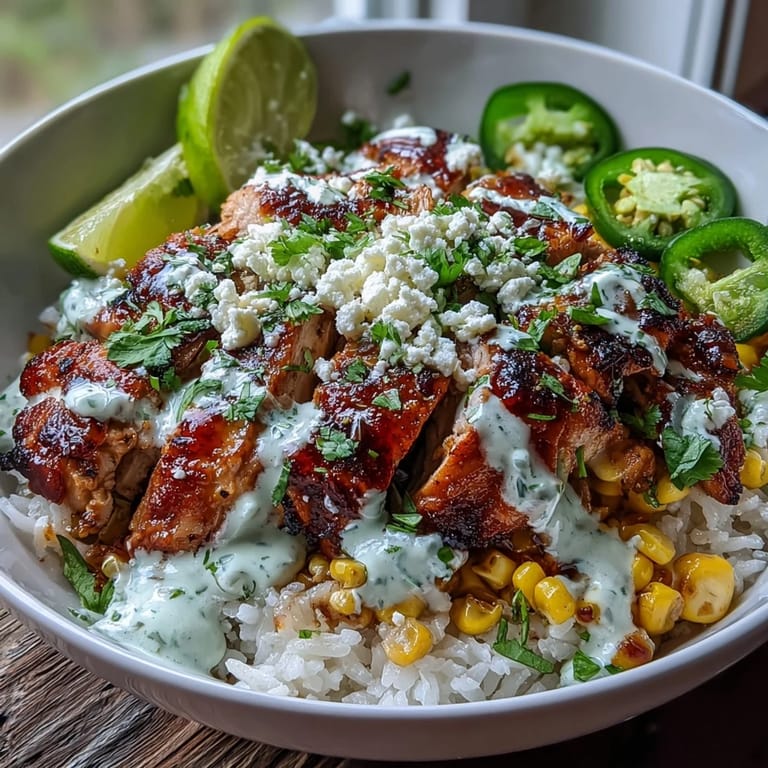 Overhead view of a vibrant Street Corn Chicken and Rice Bowl featuring golden rice, juicy chicken, charred corn, and crumbled cotija cheese.