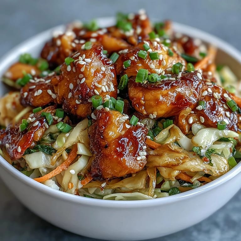 Dinner-ready Egg Roll Bowls with Chicken and Cabbage, served steaming in white bowls, garnished with chili crisp and green onions.