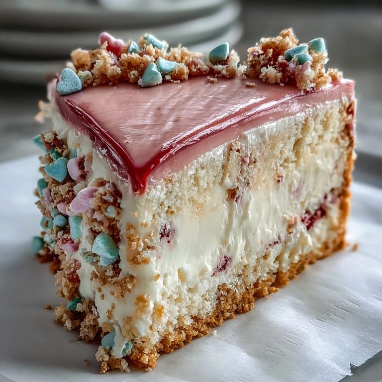 Springform pan reveals a creamy Candy Hearts Fake Cake with graham cracker crust and pastel hearts.