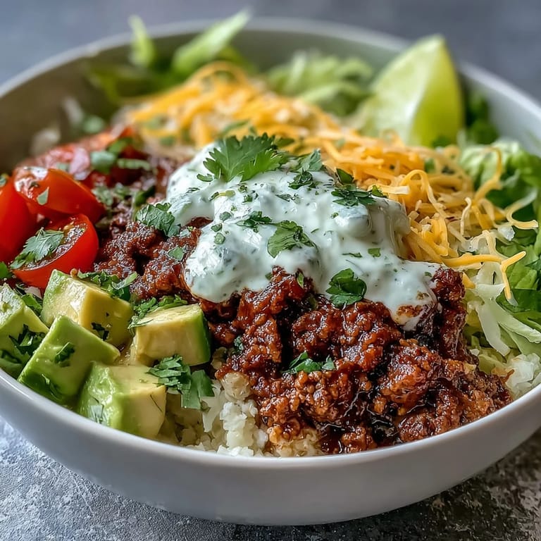Enjoy a colorful, sizzling Low Carb Burrito Bowl topped with creamy avocado and cilantro.